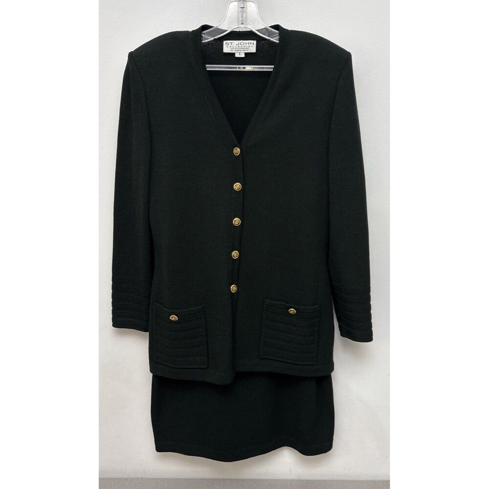 Vtng St John Collection Marie Gray Black 3 Piece Suit Blazer Skirt Blouse Small